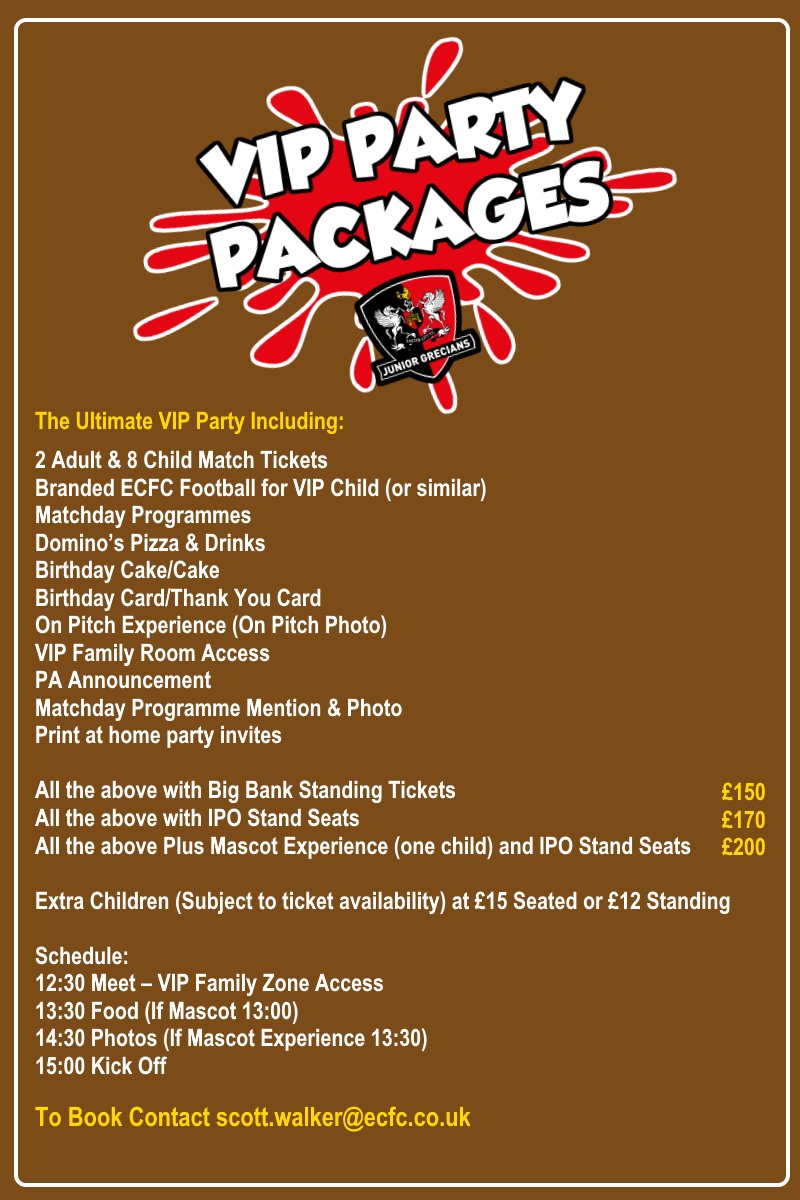 JuniorGrecians's tweet photo. How About This! SPECIAL @OfficialECFC Junior Grecians VIP PARTY OFFER for the matches against Cambridge &amp; Lincoln >> https://t.co/aK8XWVEJam https://t.co/6ls6DosyqO