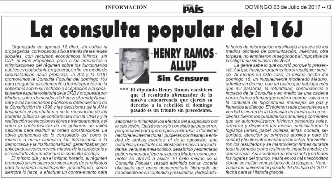 hramosallup's tweet photo. Mi artículo de hoy domingo 23/7 en El Nuevo País se titula: "La consulta popular del 16-J". https://t.co/saqPFytNSV
