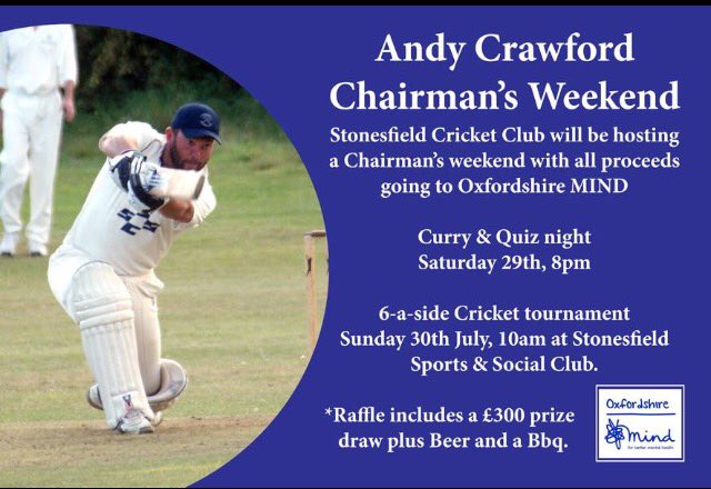 Next weekend @stoneycricket will be hosting this event please pop along and help us raise money for the mind charity and remember Crawf #SCC