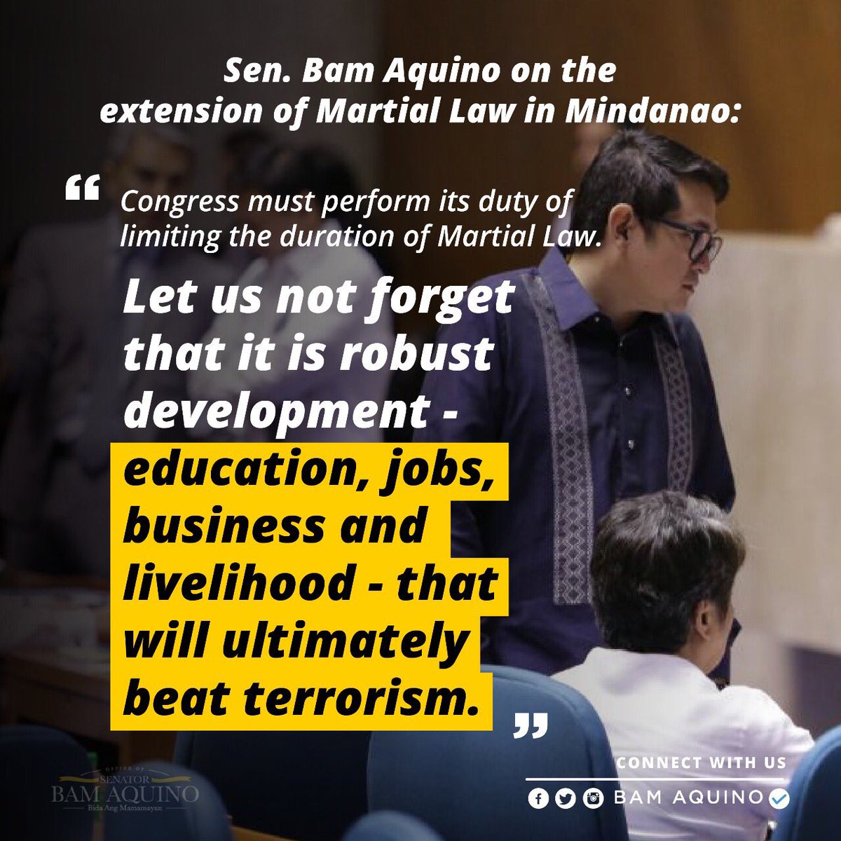 bamaquino's tweet photo. "Hindi makatutulong ang Martial Law sa pagpapalakas ng ekonomiya at muling pagbangon ng mga apektadong lugar." #MLExtension #MartialLaw https://t.co/nhdxP6A8N4