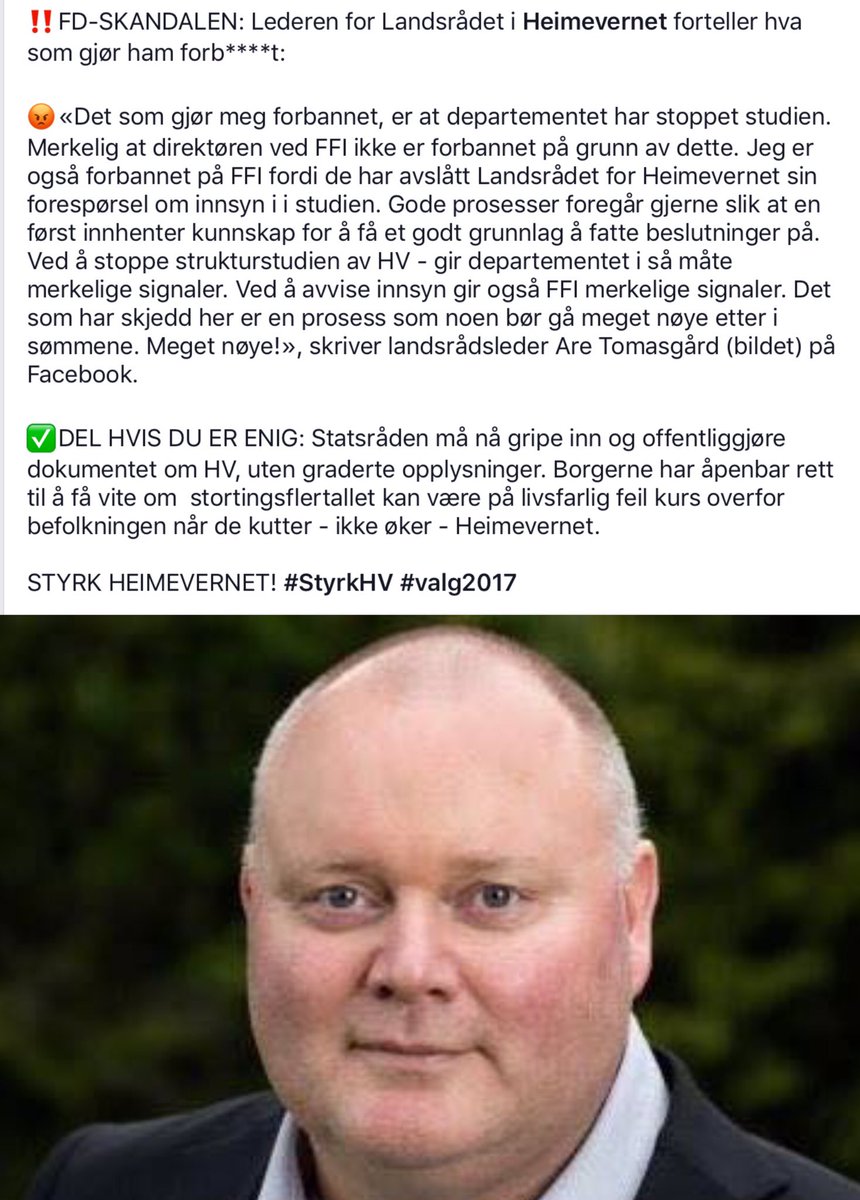 StyrkHV's tweet photo. 🔥#FDskandalen: Lederen av Landsrådet i @Heimevernet @AreTomasgard forbannet fordi @forsvardep stanset forskning for din trygghet. #HVgate https://t.co/JGDMU2NruR