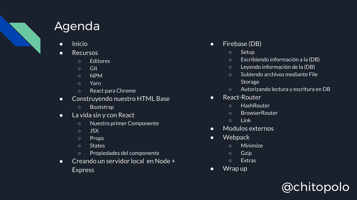 chitopolo's tweet photo. WEBINAR Creando #webapps con #ReactJS + #Firebase + #NodeJS este miércoles 26 a las 19:30 (-4GMT)

Regístrate: https://t.co/BsIii9ZbWT https://t.co/YJdaaN7Qbc