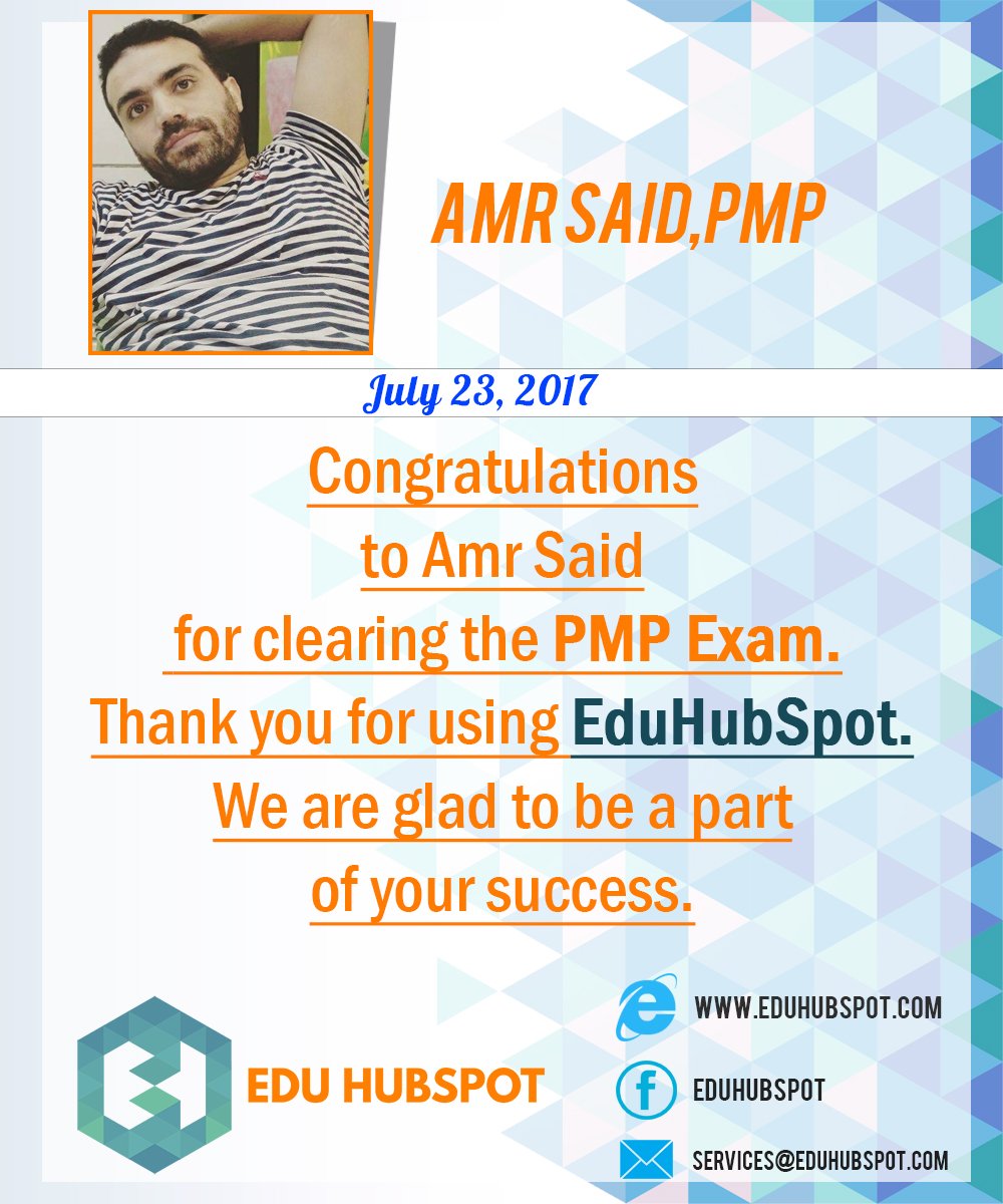 eduhubspot's tweet photo. Congratulations to Amr Said.Get yourself prepared for #PMP Exam 2017.
Simulator: https://t.co/KdCBbU5NZq
#PMPExam #PMPQuestion #EDUHUBSPOT https://t.co/JjxqQ2WVmf