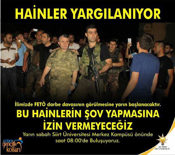 b_tav56's tweet photo. FETÖ'nün piçleri yarın Siirte yargılanıyorlar. Sizin şov yapmanıza siirt halkı izin vermeyecektir sizi dar ağacına asacağız... @focalapkulu https://t.co/tsiRizV3I6