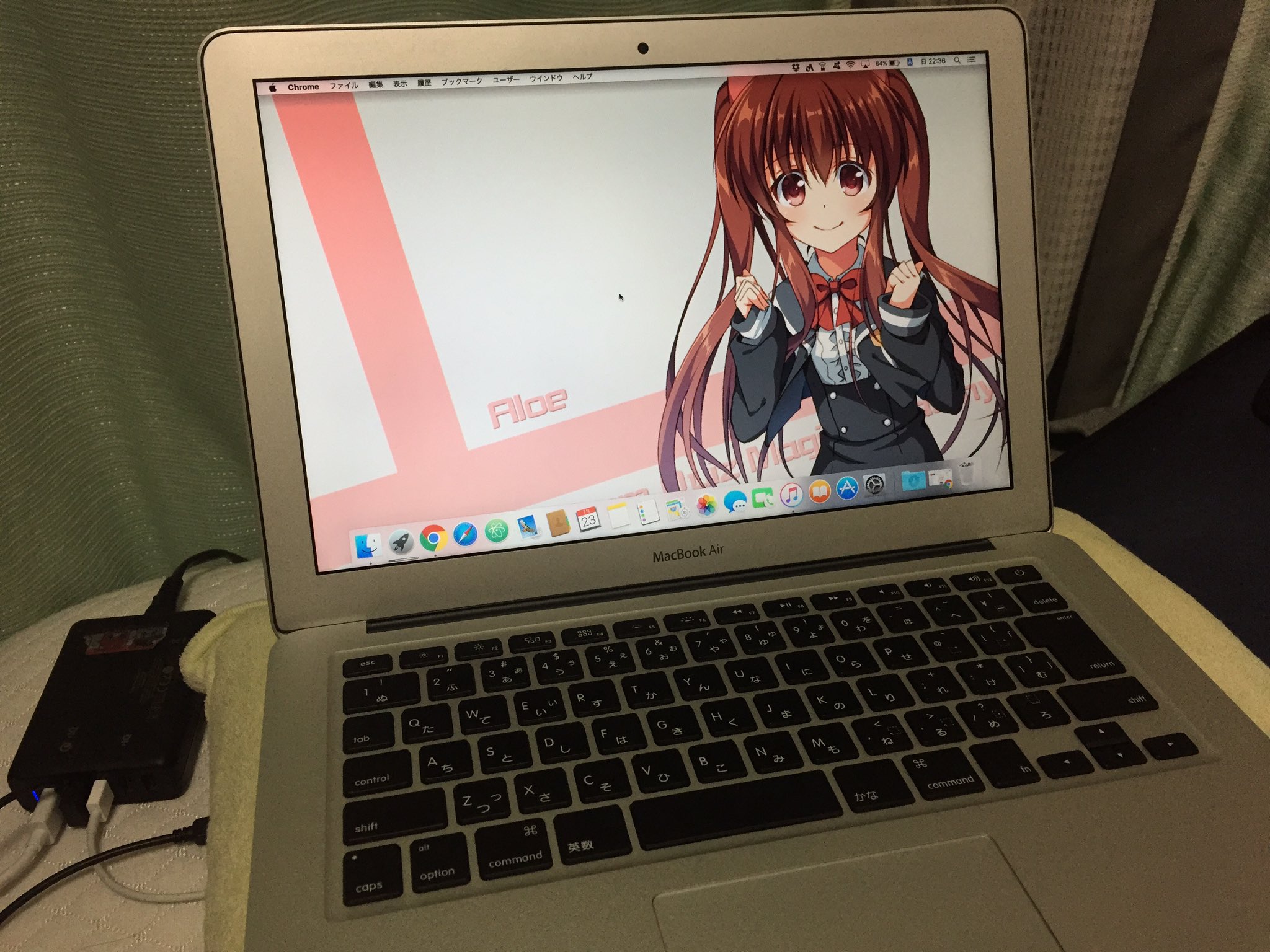 なのなの 超進化したいvrchatter 何かとガジェット好きな私の所に 借り物ではありますがmacbook Airがやってきました 私の所に来た際には必ず壁紙をアロエちゃんにしなくてはならないので みかみさんのアロエちゃんイラストを拝借しました クッソ