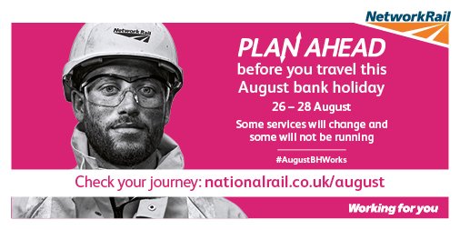 networkrail's tweet photo. #AugustBHWorks There’ll be reduced services over August bank holiday to improve station facilities &amp; relieve crowding #RailwayUpgradePlan https://t.co/pBPY1Svrq4