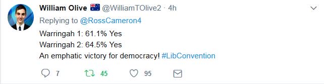TimjboAU's tweet photo. Not a good day for @TurnbullMalcolm
#newspoll
#libconvention
as
@TonyAbbottMHR 's
#WarringahMotions
puts a spring in the step 4 members https://t.co/Gd6GzX8Paf