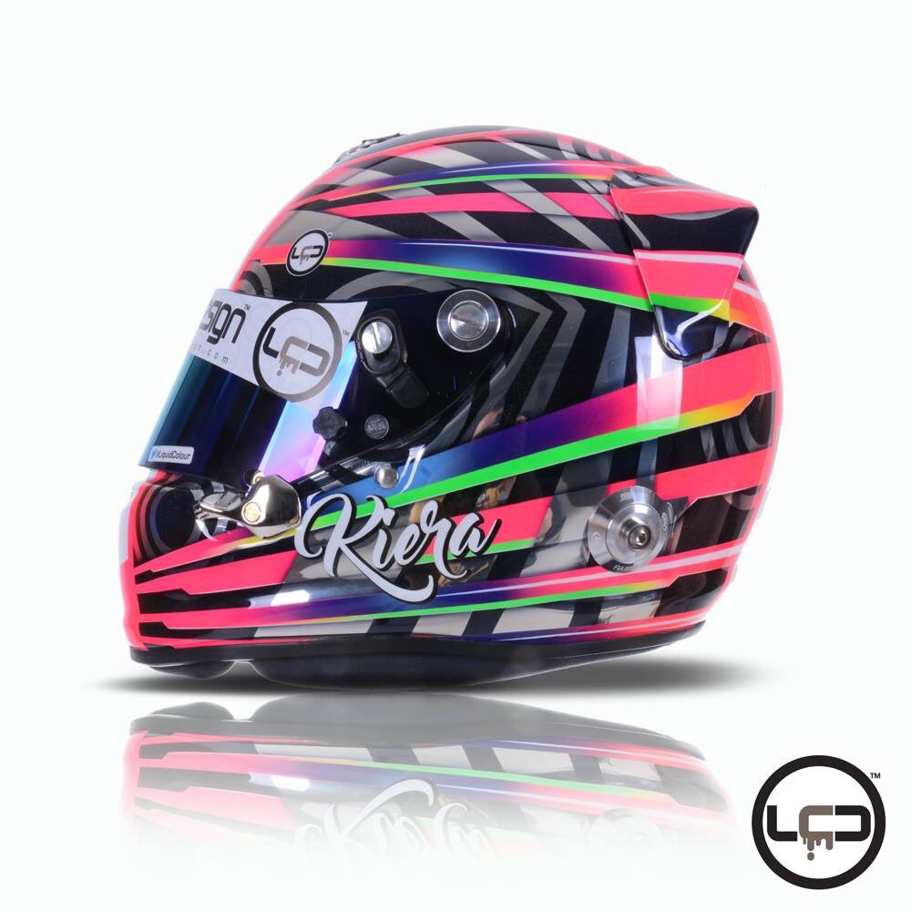 Kiera_Racing's tweet photo. Stunning job on my new helmet by @LiquidColour over the moon and should look good in kartmasters! #newlid https://t.co/Au6jxNc5c9