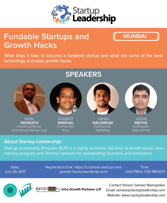 startlead's tweet image. #SLP #Mumbai #Fellows to share about Fundable Startups and Growth Hacks at an info session.
Register for this event: …rtups-and-growth-hacks.eventbrite.com