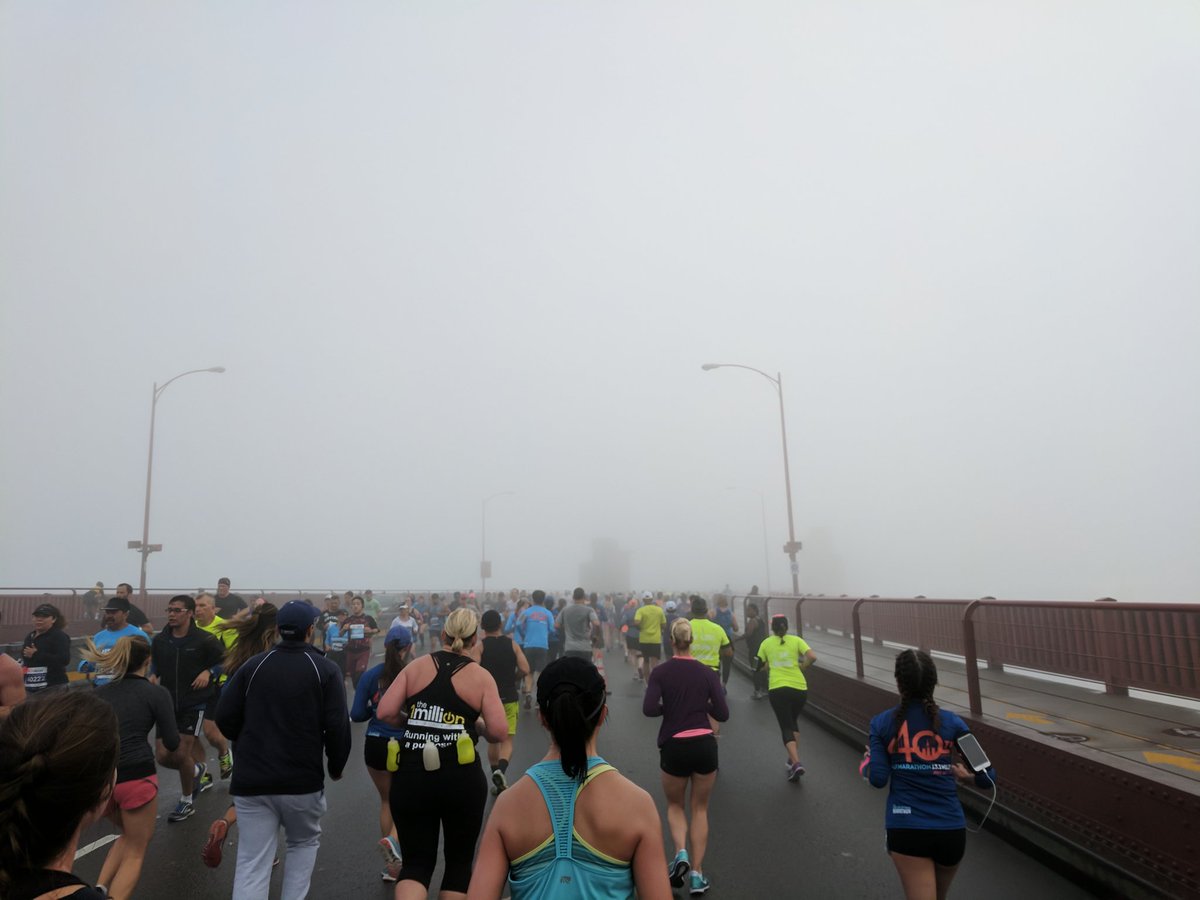 AlexanderCarney's tweet photo. Anyone know where to report a missing bridge? We're on the Golden Gate bridge and can't see a thing #TSFM2017 #MileSix https://t.co/p2vohQxCar