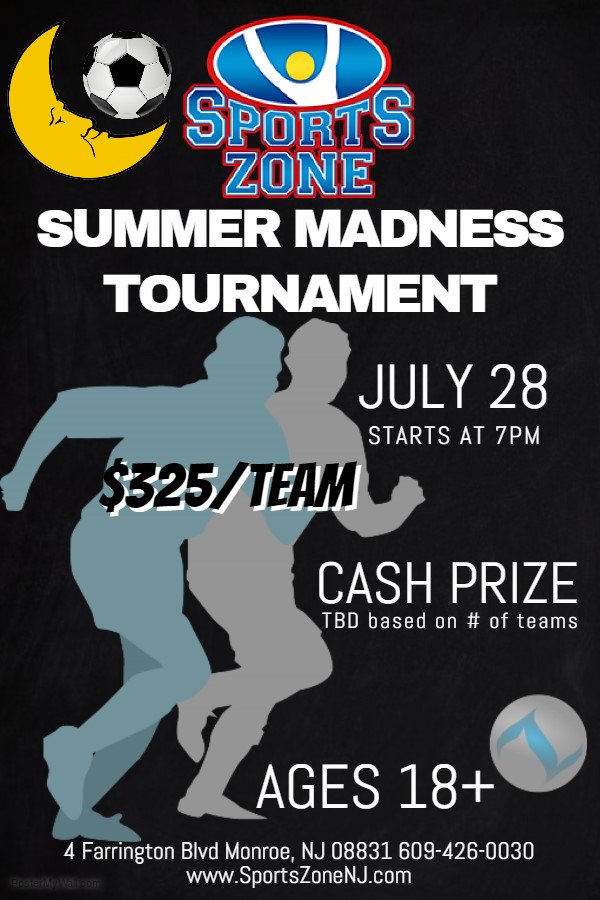 NJSportsZone's tweet photo. Our Summer Madness Tournament starts July 28 @ 7PM. Must be 18+ to register. Winner receives a cash prize! Register online today! https://t.co/yz9ixHTAcZ