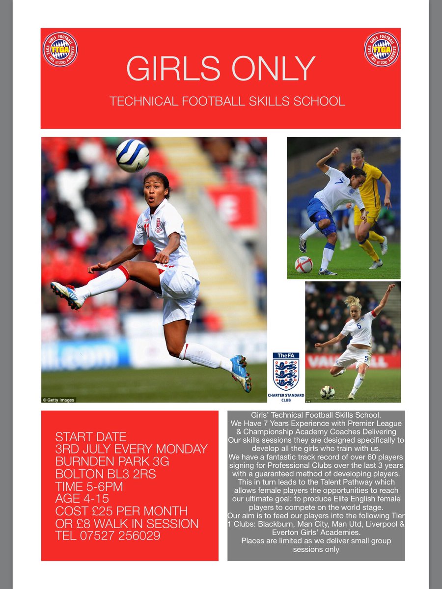 Please Share 😁
Girls Elite Coaching Sessions
Mondays Burnden Park Bolton BL3 2RS Time 5-6pm 
Tel Steve Young 07527 256029 
Age 6-16