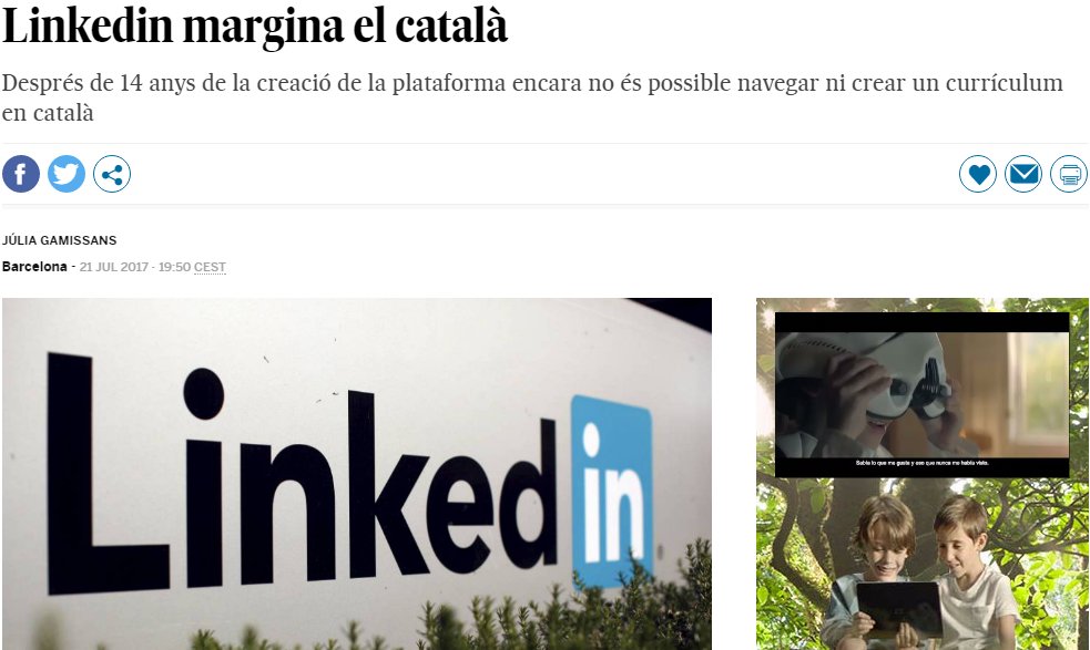 LinkedinCatalan's tweet photo. Una notícia de @elpaiscat ens fa pensar: @LinkedIn prepara la commemoració del 15è aniversari de la vexació del #Català 🤔? #LinkedInCatalan https://t.co/hFMsDlAsXQ