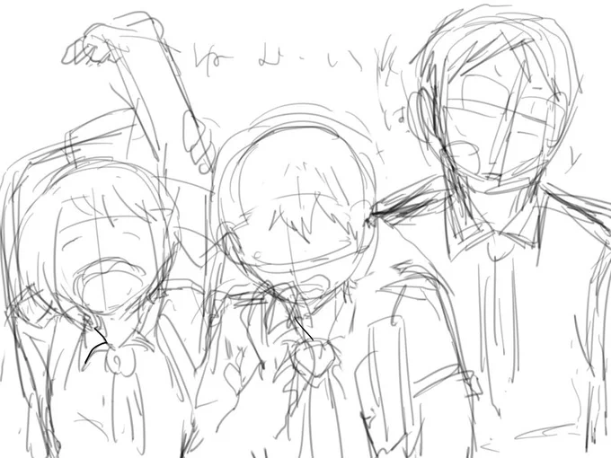 ⑫こういう絵を描こうとハッキリとテーマを決めて描くと言うよりは、何となく描いててテーマが後から決まってくることが私は多いです。このラフも最初楽しそうな緑茶飯をと思って描いてたら、なんとなくお茶子さんが伸びをしたので、授業後お疲れの三人にしちゃった(笑)また近いうち描きますね^^ 