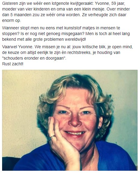 Marie1902's tweet photo. Overleden Yvonne, 59 jaar, #mesh-slachtoffer. Dit had niet hoeven gebeuren als problemen met mesh direct serieus waren genomen. RIP Yvonne https://t.co/bsMnLhLjGp