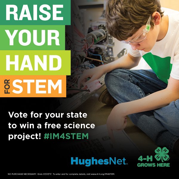 Hughesnet's tweet photo. Raise your hand to help HughesNet and @4H bring #STEM experiences to the kids in your state! https://t.co/DcfpKR32hA #IM4STEM https://t.co/uBO2rI7xQL