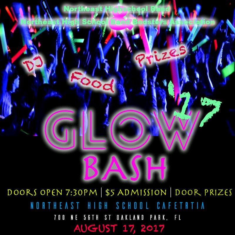 NORTHEAST_BAND's tweet photo. Northeast High School Cafeteria Aug 17 @ 7:30pm. $5 to enter #glowbash17 https://t.co/LL2Gvlnnlo