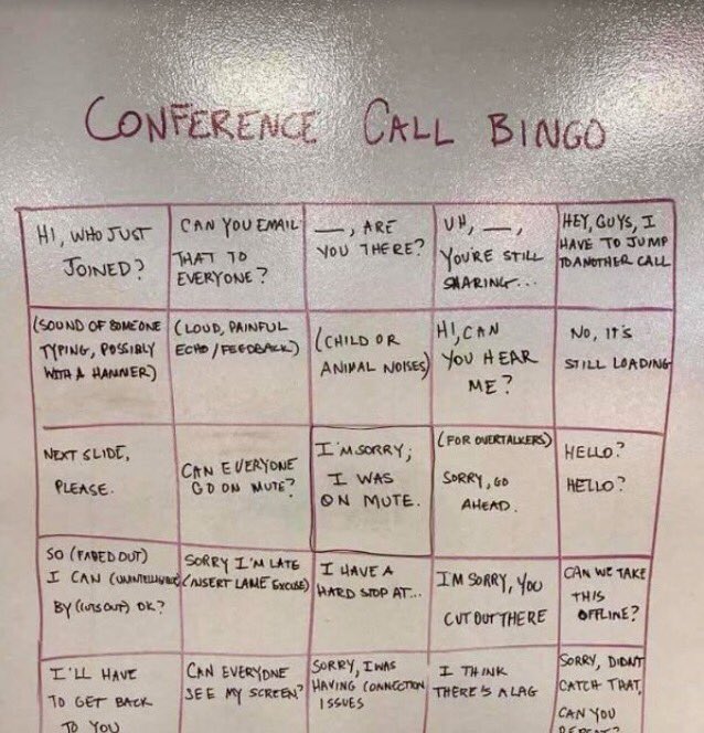 monoreilly's tweet photo. As you prepare for a new work week, here's a little fun exercise #conferencecallhell #confcallbingo #bingo https://t.co/JJBMA0NDW8
