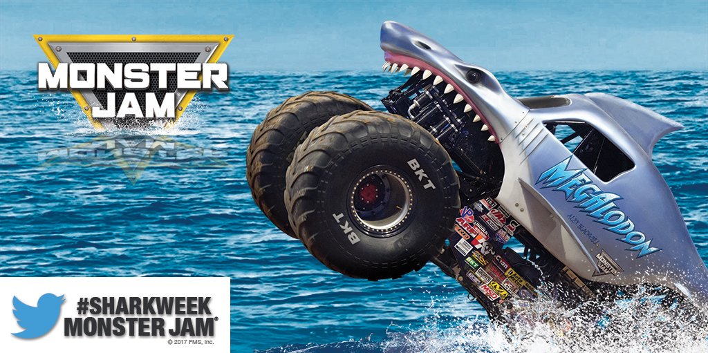 MonsterJam's tweet photo. Just when you thought it was safe to go back on Twitter... Tune in at 8pm as #Megalodon invades the #MonsterJam Twitter feed! 🦈  #SharkWeek https://t.co/Ad7800oqXw