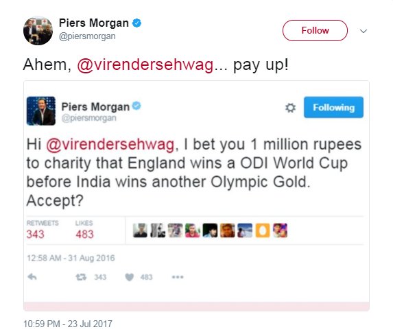 SirJadeja's tweet photo. @piersmorgan @virendersehwag Bet Was For WC(World Cup),Not WWC(Women's World Cup). If That's The Case,Even We Can Consider Paralympics As Olympics And You Should Pay Up. https://t.co/ChUKQOrNSd