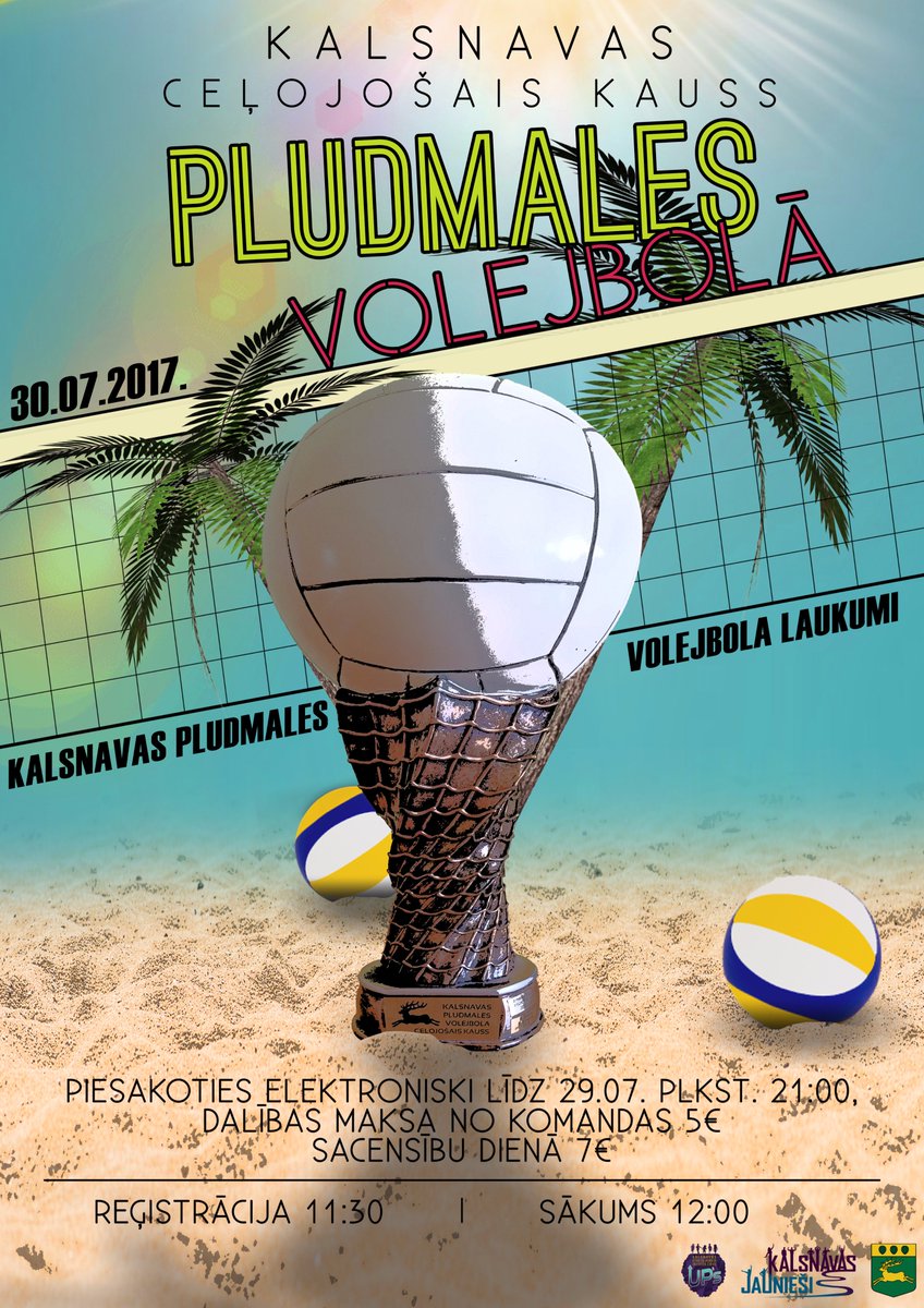 KALSNAVAS PLUDMALES VOLEJBOLA CEĻOJOŠAIS KAUSS!
Jau pēc nedēļas!
Piesakies šeit: ej.uz/y6f3
Nolikums: ej.uz/2oj4