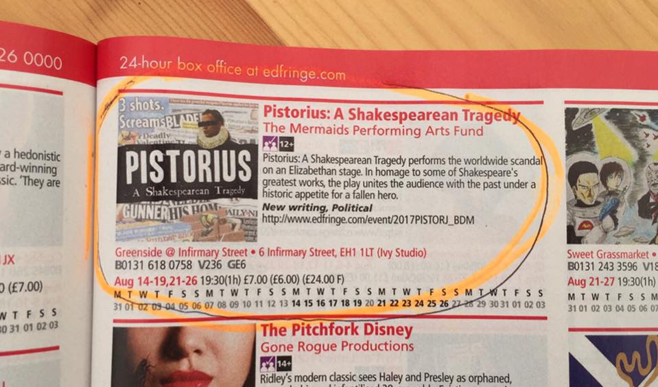 PistoriusFringe's tweet photo. Here we lie amidst the chaos of many other new and wonderful shows at the @edfringe (as carefully highlighted for your benefit): https://t.co/ImvLUBNOD2