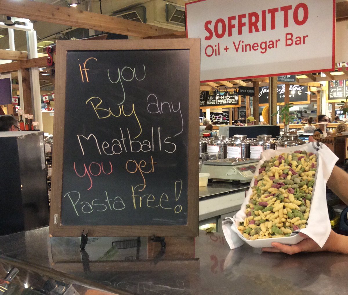 The sign says it all! Unsure of what free pasta to go with? The multi-coloured shells are my go-to! #yycfood