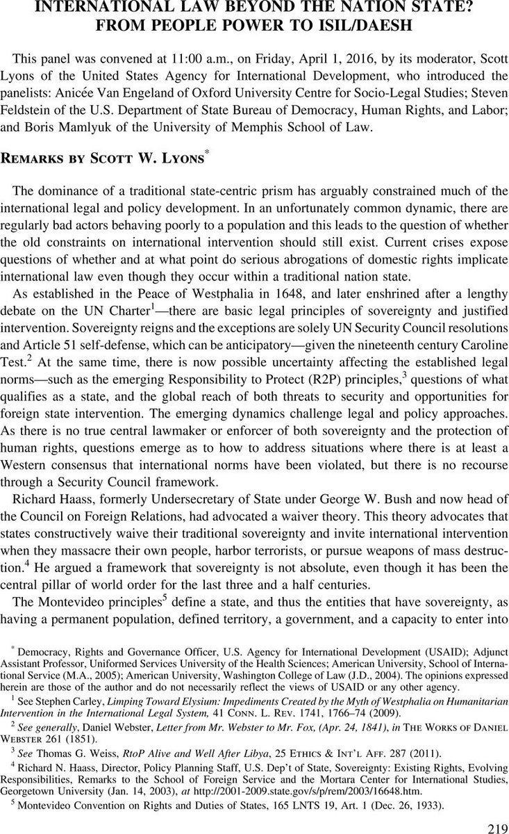 ScottWLyons's tweet photo. What qualifies as a State? https://t.co/bPjPhEeIae Remarks by Scott W. Lyons at the Proceedings of the ASIL Annual Meeting (2016) @asilorg https://t.co/d7t4PIM0Z1