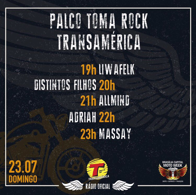 Massayrock's tweet photo. Hoje nóis vai tá como?

Assim mesmo, só que com uns rostinhos bonitos diferentes no palco do BSB Moto Week

Tocaremos 23h. Bora nessa!
🤘 https://t.co/zqxV5GSxvE