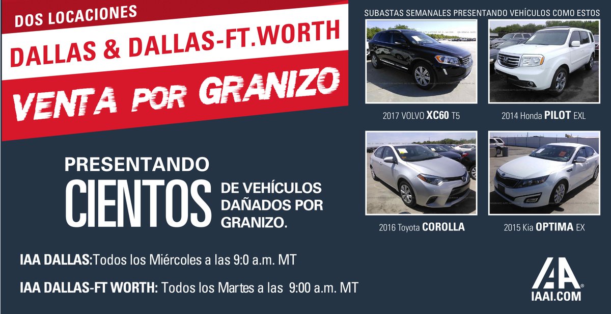 IAA_Comprador's tweet photo. ¡Presentando cientos de vehículos en nuestras subastas por granizo! Participa en nuestras #IAASubastas de Dallas y Dallas/Ft. Worth. https://t.co/890kZ1lmaY