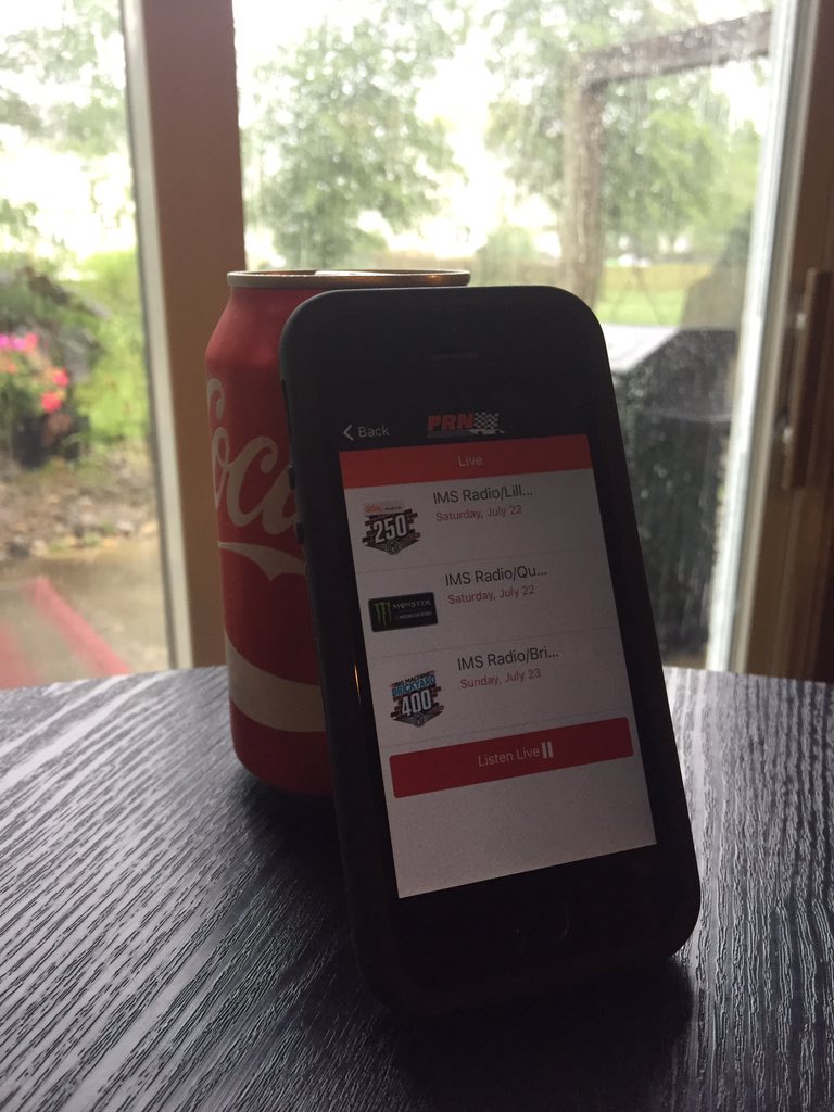 CBWFAN's tweet photo. @PRNlive Looking at the rain in the Indy area listening to @PRNlive waiting for the race to start again while drinking a Coke #Coke6PackContest https://t.co/ClZM2mxDBY