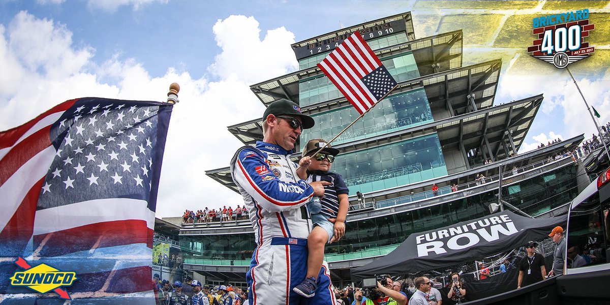 SunocoRacing's tweet photo. We can't make the track dry faster, but we can give you the most adorably patriotic photo of Cash &amp; @ClintBowyer. 🇺🇸 🇺🇸 🇺🇸 https://t.co/Bteu9oIkpF