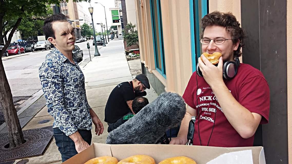 FightingOwlFilm's tweet photo. Little-known fact: #Vampires are gluten sensitive so this was torture. Worse than a stake to the heart #glutenfree #FullMoonInc #donuts #bts https://t.co/iwsLXjvl2g