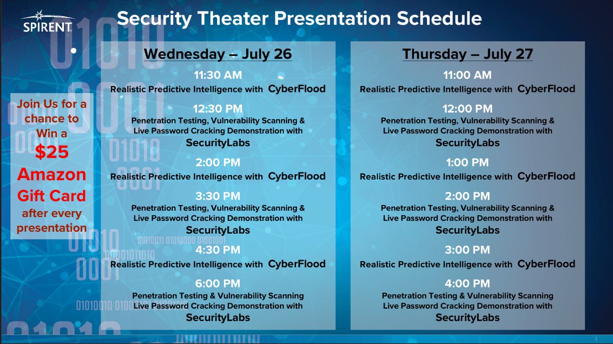 SpirentSecurity's tweet photo. At @BlackHatEvents #BHUSA? Join us Weds at Booth 754 for Live Realistic Preemptive #Cyberflood Demos @ 11:30, 2, &amp; 4:30 &amp; Giftcard Drawings https://t.co/3mcF9kapzn