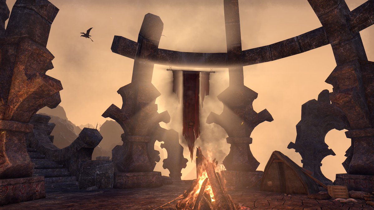 playingforpix's tweet photo. Smoke, ruin, and sunset: the perfect ingredients for daedra worship. #ESO #Morrowind https://t.co/k8mFCHoO5R