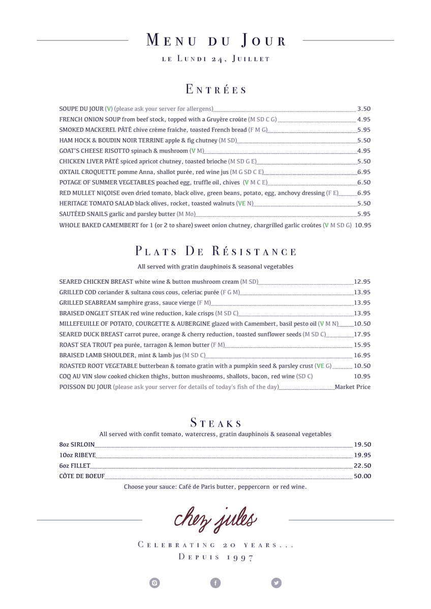 ChezJules's tweet photo. Menu du Jour 12-10.30pm #monday #lundi #french #fresh #dailychanging #chester #chestertweets #chesterbuzz https://t.co/XkorJOPalx