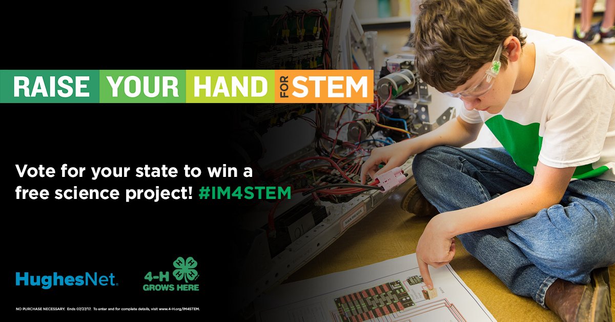 Hughesnet's tweet photo. Do you support #STEM education? Help your state win 100 #4HNYSD kits for kids from HughesNet and @4H! https://t.co/DcfpKR32hA #IM4STEM https://t.co/EKtdF3e2lA