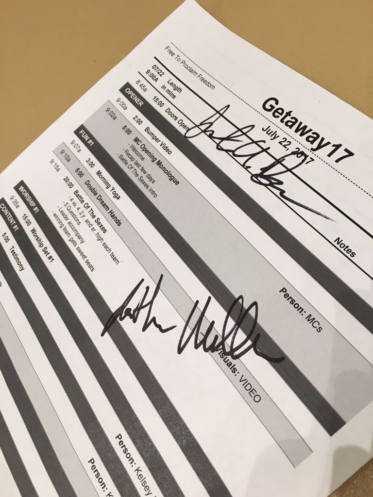 CruStu19's tweet photo. @cru17Artistic Can we add this one-of-a-kind minutes sheet from #Getaway17 autographed by our MC and program director? Proceeds to broke college leaders? https://t.co/gtk5ycT6X5
