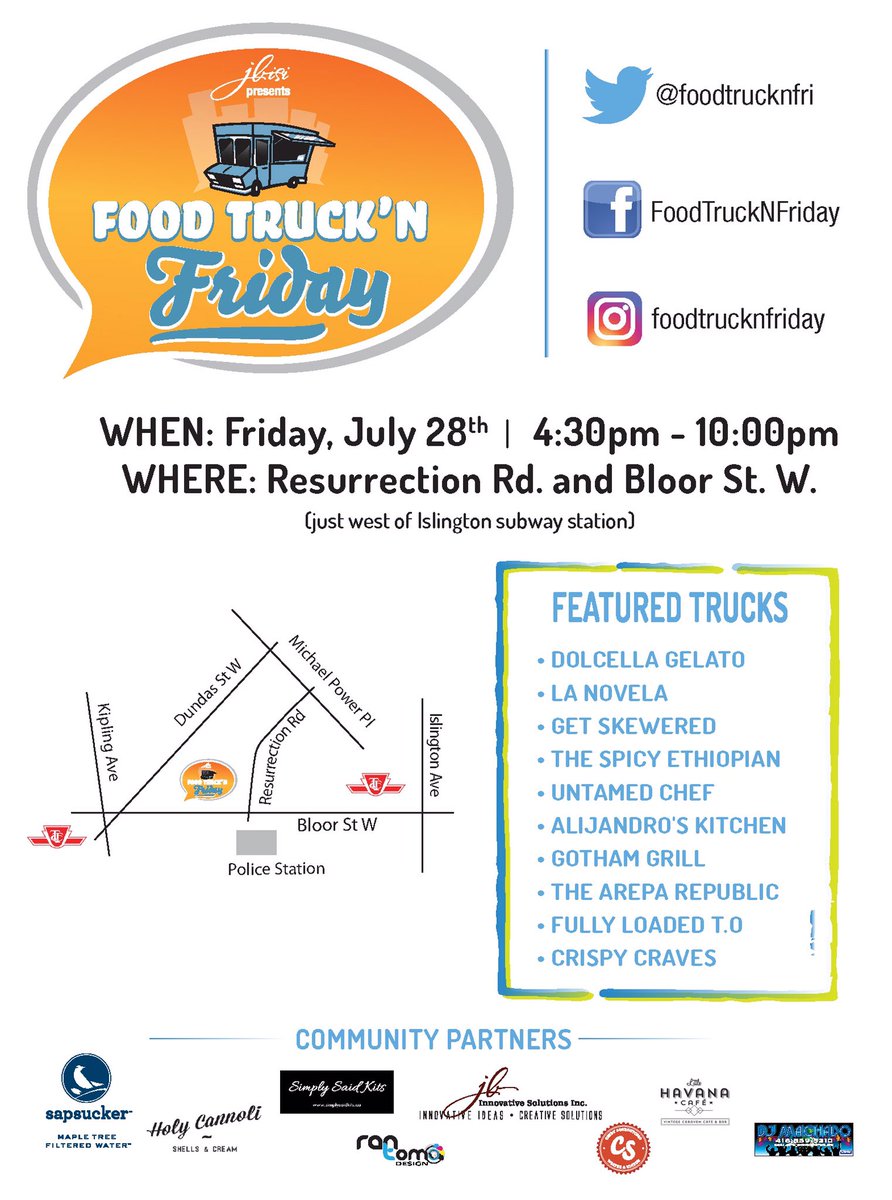 We're back @ 1 Resurrection Rd this Friday July 28 with a FULL lineup! 10 trucks &amp; all our fave community partners are back. Come &amp; get it!