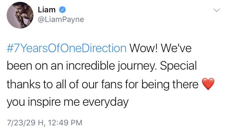 【Liam <a href="/LiamPayne/">Liam</a> ツイート訳】
#7YearsOfOneDirection わお！！
僕たちはすっごい旅路にいるんだね。そこにいるファンのみんなに特別な感謝するよ❤️君たちは毎日ぼくを嬉しくしてくれるんだ！