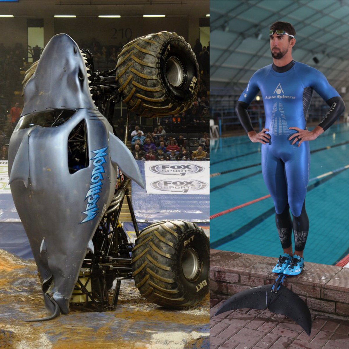 MonsterJam's tweet photo. .@clinton_kelly, who wore it better? @MichaelPhelps or #Megalodon? #MonsterJam #SharkWeek #TeamPhelps #TeamShark #TeamMegalodon https://t.co/r4qJxjDJuv