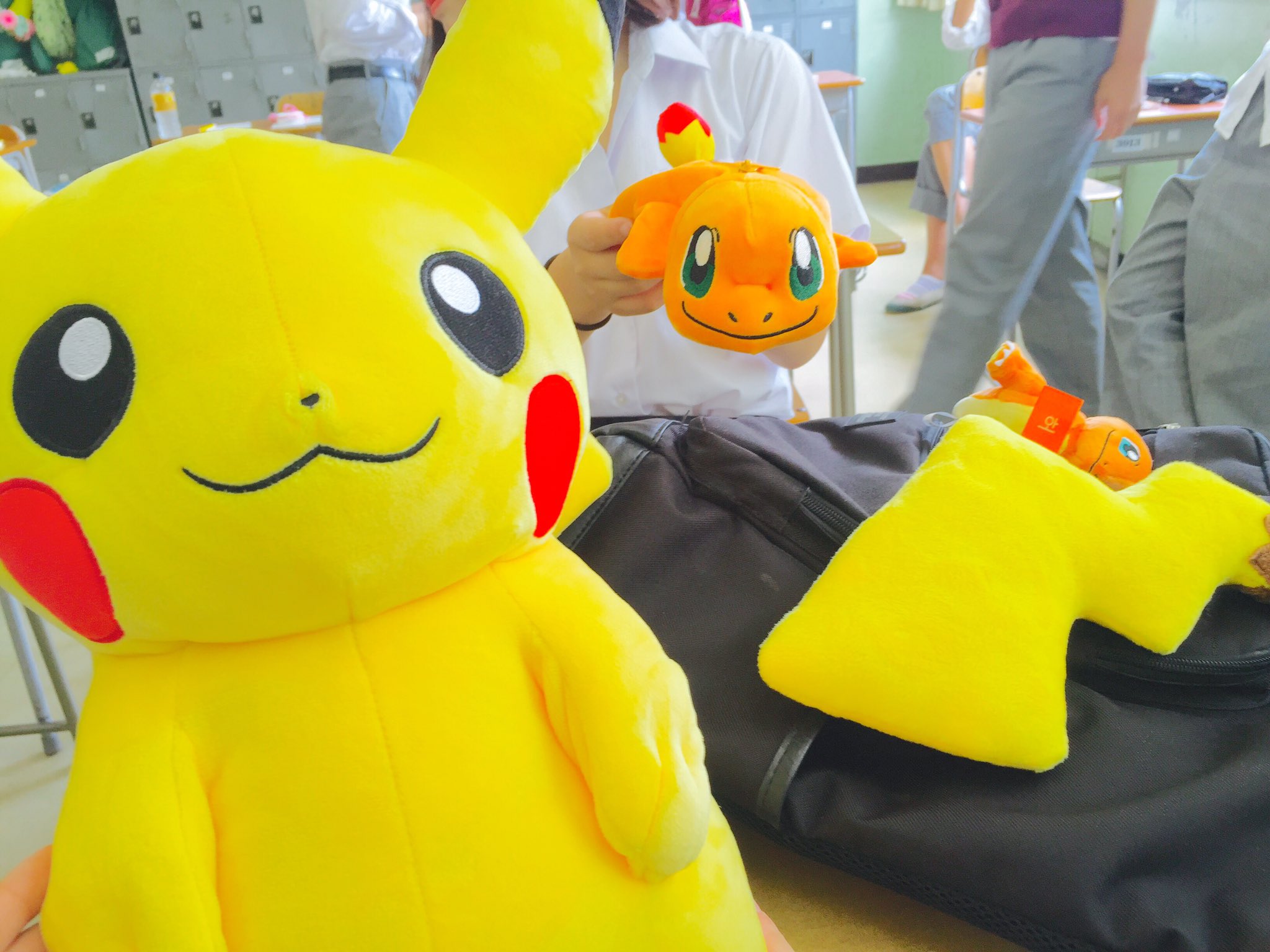 Momohaha 学校にヒトカゲの筆箱とピカチュウのでっかいぬいぐるみだけもって 遅刻するやつ初めてみた ポケモン 君にきめた T Co U2shvbolfc Twitter