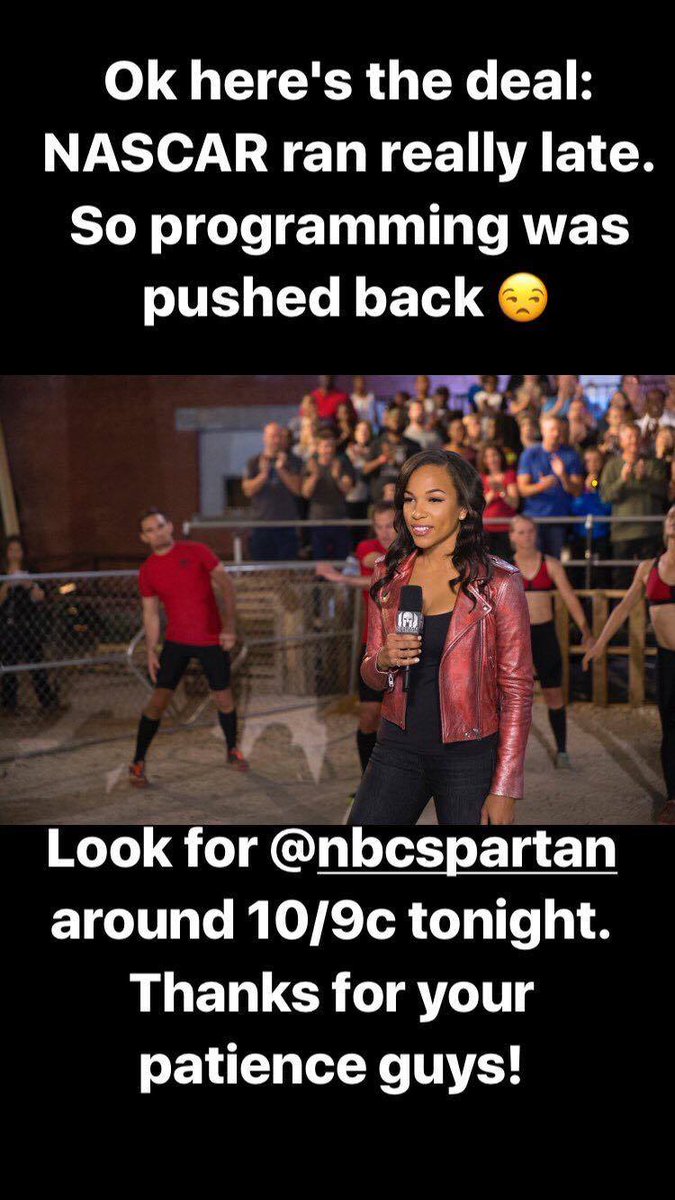 SpartanRace's tweet photo. SPARTANS and @NBCSpartan fans! Tune in TONIGHT for the finale of @NBCSpartan right after @NASCARonNBC around 10/9c. AROO! https://t.co/uit2Jquc5S