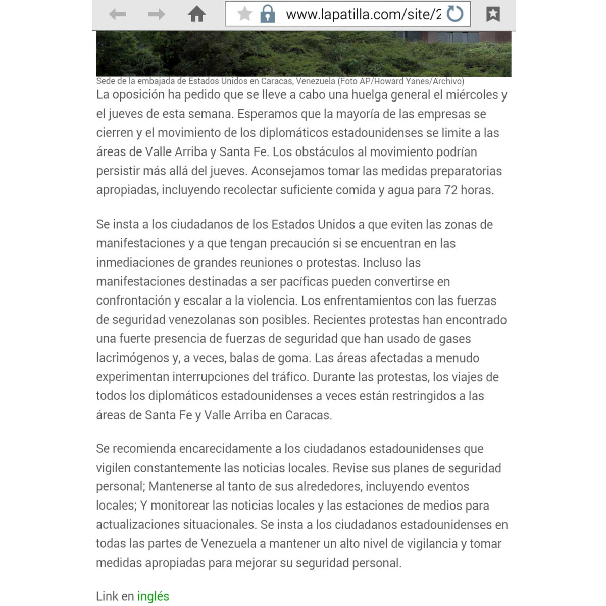 OliverLopezCano's tweet photo. Comunicado de la embajada de #EEUU en Venezuela en Inglés y Españo. ¡Te lo tengo!. "Tengan suficiente agua y comida por 72hrs". https://t.co/o6Gl3BNrFx