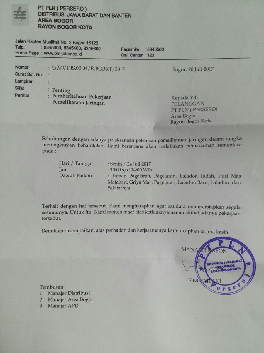 infobogor's tweet photo. #BogorUpdate Pukul 10.00 - 14.00 akan ada pemeliharaan jaringan PLN dgn pemadaman sementara utk wilayah Laladon - Pagelaran & sekitarnya. https://t.co/jUiEgyTuiq