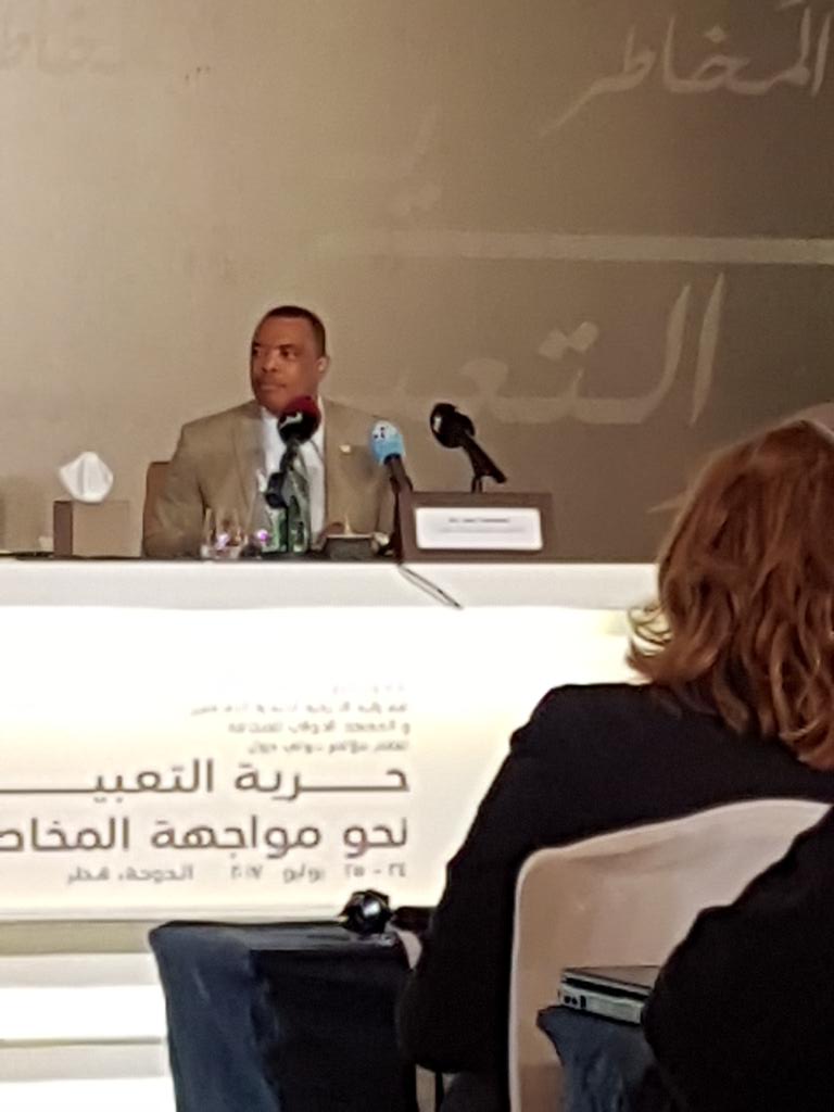 pressfreedompk's tweet image. @globalfreemedia president is addressing #Doha conference on  #FreedonOfExpression