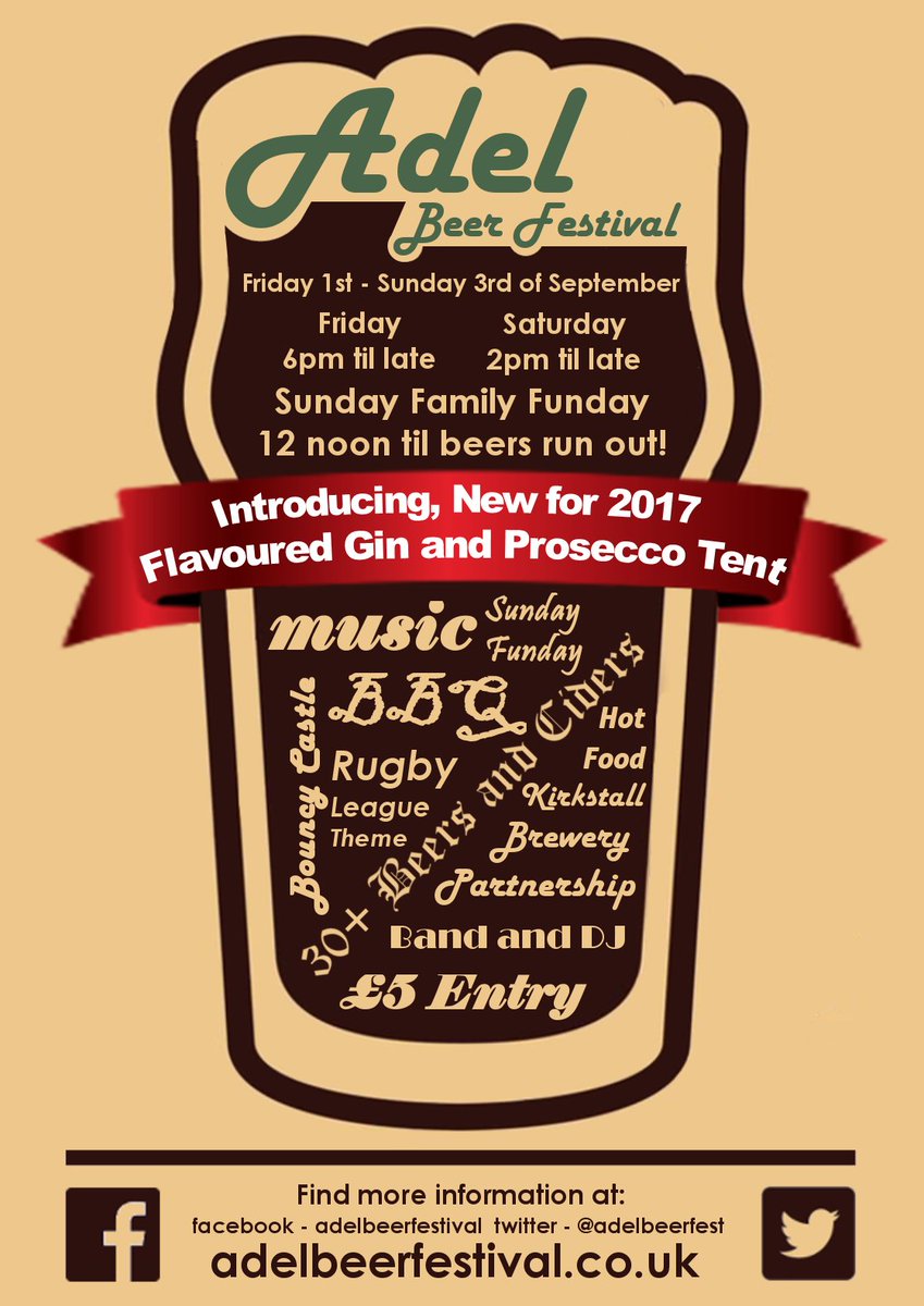 Adel Beer Festival is back with a rugby league theme. New for 2017 is a flavoured gin and prosecco tent. See website and flyer for details.