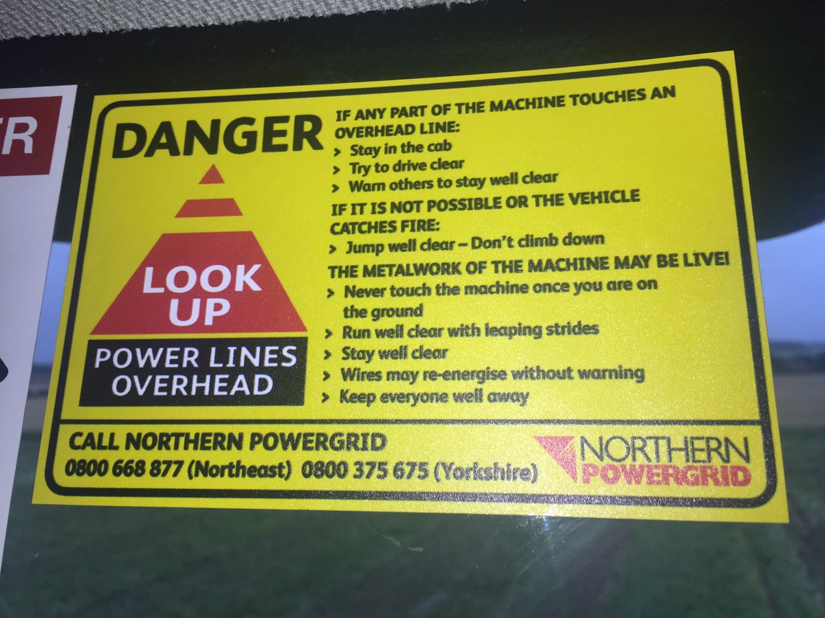 wellsy321's tweet photo. Got this excellent sticker in the pea viner with advice about overhead power lines #stayalive #farmsafety #FarmSafetyWeek @yellowwelliesuk https://t.co/LET3ZFmfm5