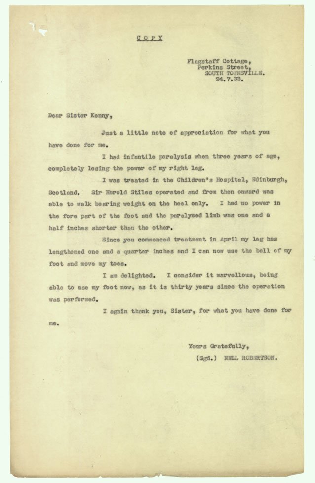 QSArchives's tweet photo. #OTD 1933 Nell Robertson writes a letter to Sister Kenny re: her polio treatment and the improvements for her body https://t.co/QLOPQHFqz6 https://t.co/I0bJIzAKPz