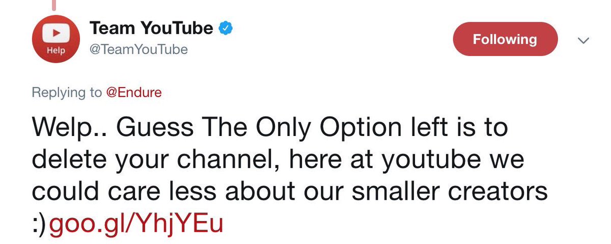 endure's tweet photo. Damn @TeamYouTube https://t.co/28hEqr58Wf